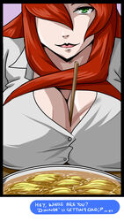 1girls big_breasts bowl breasts busty chopsticks cleavage female female_only green_eyes hair_over_one_eye huge_breasts ios_(os) lipstick makeup mattwilson83 mei_terumi naruto naruto_(series) naruto_shippuden object_between_breasts orange_hair picture ramen selfie sexually_suggestive shirt smile text text_message upper_body