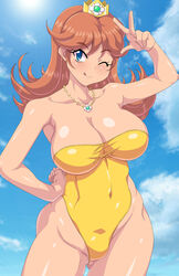 1girls 2020 5_fingers ass_visible_through_thighs bare_shoulders big_breasts blue_eyes blush breasts brown_hair cleavage clenched_hand clothed_female clothing clouds collarbone cougar3 crown day eyebrows eyebrows_visible_through_hair eyelashes female female_focus female_only fingers front_view hand_on_hip hips jewelry kihaiu large_breasts licking licking_lips long_hair looking_at_viewer mario_(series) necklace nintendo one_eye_closed one_piece_swimsuit outdoors peace_sign princess princess_daisy royalty sky smile solo solo_female solo_focus swimsuit thick_thighs thigh_gap thighs tight_clothing tongue tongue_out v v_sign wide_hips wink yellow_swimsuit