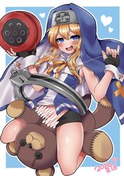 1boy bike_shorts blonde_hair blue_eyes blush bridget dated femboy fingerless_gloves gloves guilty_gear habit heart heart-shaped_pupils highres male male_focus male_only mars_symbol open_mouth penis roger smile solo solo_male stuffed_animal stuffed_toy sweatdrop symbol-shaped_pupils teddy_bear usagigenki yo-yo