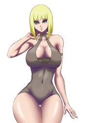 1girls big_breasts blonde_hair blue_eyes bob_cut breasts cleavage cutout eyelashes eyeshadow female female_only fishnet makeup naruto naruto_(series) naruto_shippuden nexus-sig samui simple_background swimsuit white_background wide_hips