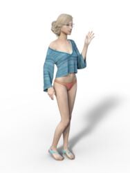 1girls 3d amelia_(artist) amicalira_(artist) anklet blonde_hair blue_eyes clothed_female clothing feet female glasses human light_skin loose_clothes navel nora_casselli_(amicalira) off_shoulder original panties pubic_hair realistic sandals skinny solo sweater thong_sandals toes wedding_ring