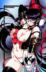 1girls bare_shoulders bayonetta bayonetta_(character) black_hair blue_eyes boxing boxing_gloves breasts earrings eyeshadow female female_only glasses gloves hand_behind_head karosu-maker karosumaker light-skinned_female light_skin lipstick long_hair looking_at_viewer nipple_piercing nipples one_eye_closed thick thick_hips thick_thighs very_long_hair white_boxing_gloves white_gloves wide_hips wink