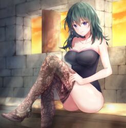 1girls absurdres bare_arms bare_shoulders big_breasts black_legwear black_leotard blue_hair breasts byleth_(fire_emblem) byleth_(fire_emblem)_(female) cleavage collarbone cute dusk eyebrows_visible_through_hair female female_focus female_only fire_emblem fire_emblem:_three_houses fire_emblem_heroes hair_between_eyes highres huge_filesize human human_focus human_only indoors large_breasts legwear leotard light-skinned_female light_skin light_smile looking_at_viewer medium_hair nintendo oramikainu pantyhose pantyhose_pull purple_eyes sitting sitting_down sitting_on_bench smile smiling solo solo_female solo_focus stone_wall strapless strapless_clothing strapless_leotard sunlight sunset taking_clothes_off thighs tubetop undressing wall wholesome window