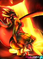 absurd_res anthro ass avilay_conely breasts dragon female genitals hi_res horn karder_thunder_dragon lava long_tail melee_weapon polearm pussy solo spear sword weapon wings