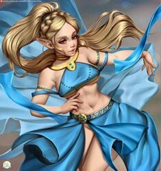 bedroom_eyes belly belly_dancer belly_dancer_outfit blonde_hair blue_eyes blush breath_of_the_wild dancer dancer_outfit dancing didi_esmeralda elf_ears gerudo_link_(cosplay) gerudo_outfit gerudo_outfit_zelda gerudo_top harem_girl harem_outfit hylian large_breasts long_hair navel neck_ring nintendo pointy_ears ponytail princess_zelda sarong the_legend_of_zelda underboob voluptuous zelda_(breath_of_the_wild)