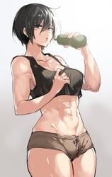 1girls abs attack_on_titan black_eyes black_hair black_tank_top clothed clothed_female clothes clothing commentary cowboy_shot dark_hair facial_scar female female_only fully_clothed gradient gradient_background highres holding hourglass_figure looking_at_viewer medium_breasts midriff mikasa_ackerman navel open_mouth scar scar_on_cheek short_hair short_shorts shorts solo standing suurin_(ksyaro) sweat tank_top toned