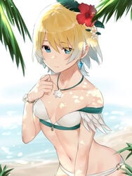 1girls bare_arms bare_midriff bare_shoulders beach belly bikini blonde_hair blue_eyes blue_hair breasts cleavage closed_mouth earrings female female_only fire_emblem fire_emblem_heroes fjorm_(fire_emblem) flower flower_in_hair gradient_hair hair_flower hair_ornament haru_(nakajou-28) human human_only jewelry looking_to_the_side midriff multicolored_hair navel necklace nintendo ocean sea seaside short_hair small_breasts solo solo_female stomach strapless strapless_bikini strapless_swimsuit swimsuit water white_bikini white_swimsuit