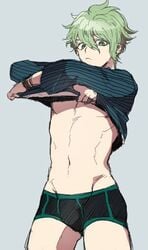 boxers bulge confusion danganronpa danganronpa_(series) danganronpa_v3 green_eyes green_hair looking_at_viewer male male_only new_danganronpa_v3 pale_skin piercing piercings pov rantaro_amami ring shaved_pubes shirt short_hair simple_background smooth_skin surprised undressing