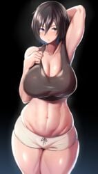 1girls abs arm_up armpits attack_on_titan bare_shoulders big_breasts black_background black_hair blue_eyes breasts cleavage clothed clothed_female clothing collarbone curvy dark_skin female female_only fully_clothed highres hip_focus huge_breasts human human_only jitome large_breasts looking_at_viewer midriff mikasa_ackerman navel plump short_hair short_shorts shorts skindentation solo standing thick_thighs tsukunendo uncensored white_shorts wide_hips