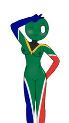 aiex314 blush breasts countryhumans countryhumans_girl female hand_behind_back looking_at_viewer multicolored_body no_pupils peace_sign pussy rainbow_body shy smile solo south_africa south_africa_(countryhumans) south_african_flag standing v_sign