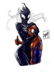 1boy 1girls 2d alien alien_girl between_breasts big_breasts breasts bust busty face_between_breasts female femdom gary-vanaka head_between_breasts hero huge_breasts human humanoid legs male male_human/female_alien male_human/female_humanoid malesub marvel marvel_comics peter_parker she-venom spider-man spider-man_(series) straight straight_hair supervillain symbiote thick_thighs thighs venom venom_(marvel) watermark
