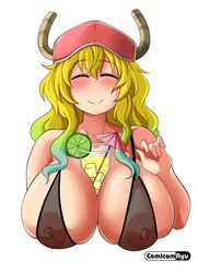 1girls between_breasts big_breasts bikini_top blush closed_eyes comicomryu female female_only happy huge_breasts lucoa milf miss_kobayashi's_dragon_maid multicolored_hair nipple nipples_visible_through_clothing quetzalcoatl_(dragon_maid) ryumxr skindentation smiling solo solo_female transparent_clothing visible_nipples white_background