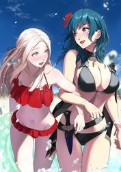 2girls :d bangs bare_arms bare_shoulders bikini black_bikini black_swimsuit blue_eyes blue_hair blue_sky blush breasts byleth_(fire_emblem) byleth_(fire_emblem)_(female) byleth_(summer)_(fire_emblem)_(female) cleavage collarbone dagger day edelgard_von_hresvelg eye_contact female female_only fire_emblem fire_emblem:_three_houses fire_emblem_heroes flower forehead frilled_bikini frills groin hair_ribbon hibiscus highres huge_breasts jewelry large_breasts leaning_forward locked_arms long_hair looking_at_another mueririko multiple_girls navel necklace nintendo nose_blush open_mouth outdoors parted_bangs purple_eyes purple_ribbon red_bikini red_flower red_swimsuit ribbon sheath silver_hair sky smile stomach swimsuit thigh_gap thighs wading water weapon wristband yuri