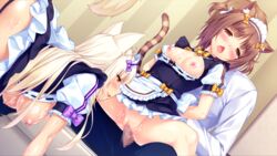 1male 2girls azuki_(sayori) big_breasts blonde_hair bow breasts brown_eyes brown_hair cat_ears cat_humanoid cat_tail catgirl censored clothed_sex clothing coconut_(sayori) cum female gold_eyes maid male nekopara penis pussy pussy_juice sayori threesome vaginal_penetration