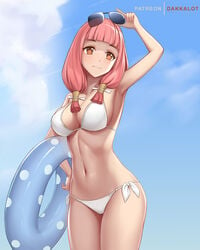 1girls arm_up artist_name bikini breasts cleavage closed_mouth dakkalot female fire_emblem fire_emblem_fates innertube long_hair mitama_(fire_emblem) nintendo pink_hair solo star-shaped_pupils star_(symbol) sunglasses sunglasses_on_head swimsuit symbol-shaped_pupils white_bikini