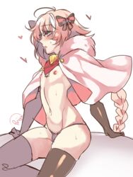 1boy astolfo_(fate) bulge cape elbow_gloves fate/grand_order fate_(series) femboy flat_chest mr-poritan penis_in_panties pori_tan_ solo tagme thighhighs thong topless trap