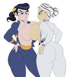 2girls ass big_breasts braless breasts detnox diamond_is_unbreakable favorite female huge_ass huge_breasts human jojo's_bizarre_adventure josuke_higashikata kosaku_kawajiri multiple_girls pompadour pressing_breasts_together rule_63 school_uniform shounen_jump suit symmetrical_docking thick_thighs villainess white_background white_hair wide_hips yoshikage_kira yuri