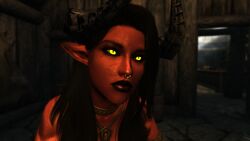 3d bethesda_softworks black_lips daedra demon demon_girl erzebet erzebet_(artist) freckles horns larger_female portrait red_skin septum_piercing size_difference skyrim succubus the_elder_scrolls yellow_eyes