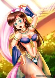 belly belly_dancer belly_dancer_outfit bow cleavage dancer dancer_outfit dancing detached_sleeves earrings hair_ribbon harem_girl harem_outfit haryudanto hourglass_figure hypnosis medium_breasts mind_control navel ranma_1/2 slave ukyo_kuonji voluptuous wide_hips