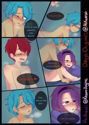 3boys 6_panel_comic anal anal_sex blue_hair bon_(fnafhs) bonnie_(fnafhs) dark-skinned_femboy dark-skinned_male dark_skin femboy fnafhs foxy_(fnafhs) green_eyes light-skinned_male light_skin mini_comic purple_hair red_eyes red_hair spanish_text threesome yaoi