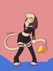 abstract_background absurd_res anthro blush clothing crop_top garter_belt garter_straps hi_res holding_tail legwear male male_only nintendo pokémon_(species) pokemon pokemon_(species) rotten_owl shirt smeargle solo thigh_highs topwear video_games