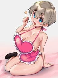 1girls big_breasts blue_eyes blush eye_contact female grey_hair huge_breasts looking_at_viewer pale-skinned_female pale_skin short_hair socks stephringo uzaki-chan_wa_asobitai! uzaki_hana watermark