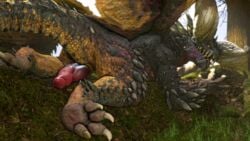 3d barlu capcom claws dragon elder_dragon english_text erection feral genitals grass hi_res hindpaw horn looking_at_viewer looking_back looking_pleasured lying male male_only monster_hunter nergigante pawpads paws penis solo source_filmmaker spikes teeth text toe_claws toes tongue tongue_out tree video_games wings