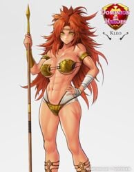 1girls abs bracelet cleavage female ginger gold_bikini green_eyes hand_wraps hybridmink large_breasts long_hair messy_hair muscular_female navel orange_hair original original_character scar spear voluptuous warrior