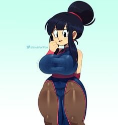 1girls arm_behind_back black_hair blush breasts chichi china_dress chinese_clothes clothed clothing dragon_ball eyelashes female female_only frown fully_clothed hair hair_bun headband large_breasts milf mother nervous open_frown pussy_peek see-through see-through_clothing solo solo_female somescrub standing thick_thighs voluptuous watermark wristband