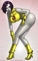 big_ass big_breasts boots dc dc_comics lady_legasus legs long_legs looking_at_viewer purple_eyes purple_hair purple_lipstick rachel_roth raven_(dc) seductive seductive_smile smooth_skin teen_titans thick_thighs tight_clothing wilko