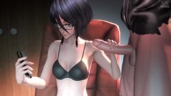 1boy 1girls 3d animated black_bra black_hair bleach bra cellphone distracted female glasses handjob kuchiki_rukia large_penis looking_at_phone no_sound pale-skinned_female pants_removed phone short_hair shounen_jump sitting smartphone smolsociety source_filmmaker unseen_male_face video watermark