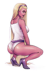 1girls ass belt big_ass blonde_hair breasts clothed clothing destripando_la_historia female female_only goddess greek_mythology hair half-closed_eyes headband hera_(destripando_la_historia) high_heels large_breasts leotard lipstick long_hair purple_high_heels seductive seductive_smile sideboob smile solo solo_female squatting thick_thighs watermark white_leotard youtube