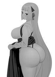 ass curvy dat_ass dress female female_only hair_ornament huge_ass large_breasts long_hair looking_at_viewer momoko_(remomon) monochrome original original_character remomon sideboob solo thick_thighs thong