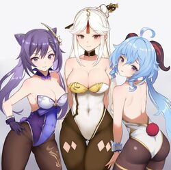 3girls ahoge alternate_costume ass backless_leotard bare_back bare_shoulders black_legwear blue_hair bow bowtie braid breasts bunny_tail choker cleavage covered_navel cowboy_shot double_bun fully_clothed ganyu_(genshin_impact) genshin_impact hair_ornament hairclip half-closed_eyes hand_on_hip horns keqing_(genshin_impact) large_breasts leotard looking_at_viewer looking_back medium_breasts multiple_girls ningguang_(genshin_impact) open_mouth pantyhose playboy_bunny purple_eyes purple_hair red_eyes smile strapless strapless_leotard tail twintails white_hair yuzuruka_(bougainvillea)