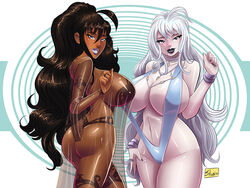 2girls ass big_breasts bracelet breasts brown_hair bubble_butt cleavage curvaceous curvy dark-skinned_female gray_eyes grey_eyes huge_breasts lingerie long_hair looking_at_viewer multiple_girls navel necklace original original_characters pale-skinned_female see-through see-through_gown sling_bikini smile transparent_clothing voluptuous white_hair wristband