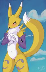 absurd_res anthro armwear blush bodily_fluids breasts clothing digimon digimon_(species) female fur furry furry_only genital_fluids genitals hi_res mostly_nude mr._albafox nude pussy pussy_juice pussy_juice_drip renamon solo tail yin_yang