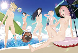 4girls areolae barefoot beach beach_ball blonde_hair blue_eyes bottle breasts brown_eyes brown_hair clouds drink feet female female_only green_eyes holding_object hyuuga_hinata ino_yamanaka jumping multiple_girls naruto naruto_(series) naruto_shippuden navel nipples nude nude_filter ocean pakkun pink_hair playing posing purple_hair sakura_haruno sand sitting sky small_breasts soles standing sun surfboard temari tenten toes umbrella violet_eyes walking water