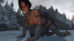 anal anal_sex bethesda_softworks black_hair blue_eyes blush creature double_penetration female morwen riekling skyrim snow the_elder_scrolls vaginal_penetration