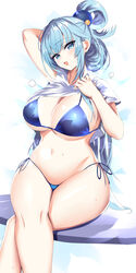 1girls aqua_(konosuba) big_breasts bikini blue_eyes blue_hair eye_contact female hanasaka_houcha kono_subarashii_sekai_ni_shukufuku_wo! large_breasts long_hair looking_at_viewer pale-skinned_female pale_skin shirt_lift solo thick_thighs thighs wide_hips