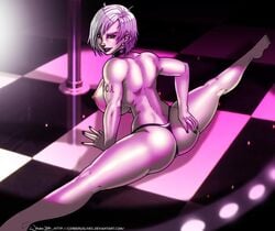 back_muscles big_ass big_breasts black_nails looking_at_viewer nipple_piercing piercing red_eyes seductive splits stripper thick_thighs thong white_hair wilko