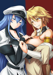 1boy 2girls age_difference akame_ga_kill! big_breasts bol_(artist) clothed_female esdeath_(akame_ga_kill!) female leone_(akame_ga_kill!) long_hair mature_female nipples short_hair smile straight threesome