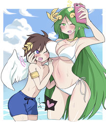 1boy 1girls 2020 absurd_res angel angel_wings arm_up armpits armwear beach bikini blue_eyes blush breast_squish breasts brown_hair choker cleavage cloud erection erection_under_clothes female goddess green_eyes green_hair hair_ornament heart heart-shaped_pupils highres holding_phone hug kid_icarus large_breasts laurel_crown leaning_forward long_hair looking_at_another male matching_hair/eyes navel nintendo one_eye_closed open_mouth outdoors palutena phone pit pit_(kid_icarus) selfie size_difference sky smaller_male smartphone smile spoken_heart standing sweat swim_trunks swimsuit swimwear taking_selfie tears tongue topless underboob very_long_hair white-stew white_bikini white_border wings wink