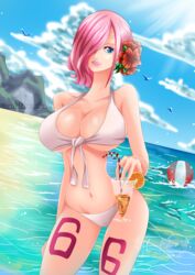 1girls beach beach_ball belly bikini blue_eyes cleavage female female_only flower_in_hair hair_over_one_eye holding_glass hourglass_figure large_breasts leg_tattoo mariablueneko navel ocean one_eye_covered one_piece pink_hair princess sea seaside sunshine tattoo vinsmoke_reiju