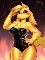 1girls anthro anthrofied bakufu big_breasts breasts brown_fur cleavage clothing female female_only hair highres latex looking_at_viewer multicolored_fur nintendo pikachu pokémon_(species) pokemon red_eyes red_sclera solo tail thick_thighs video_games yellow_fur