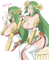 1girls 2020 absurd_res armlet armwear bare_shoulders bedroom_eyes belt big_breasts bimbo blush breasts busty choker cleavage cream cream_on_body dress eyebrows_visible_through_hair eyes_visible_through_hair female female_only food goddess green_eyes green_hair hair_ornament hand_on_knee heart heart-shaped_pupils highres holding_food huge_breasts jewelry kid_icarus large_breasts licking long_hair matching_hair/eyes naughty_face nintendo open_mouth palutena popsicle sexually_suggestive side_view simple_background sitting solo sound_effects sweat sweating text thighhighs tongue tongue_out very_long_hair white-stew white_background zettai_ryouiki