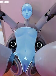 1girls 3d areolae arms_up belly_button blizzard_entertainment blue_body blue_nipples breasts cybernetics echo_(overwatch) female female_only hologram im3da legs legs_apart looking_at_viewer lying lying_down medium_breasts nipples on_back overwatch overwatch_2 pov pov_eye_contact pussy robot solo solo_female symbol