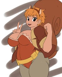 1girls big_breasts black_eyes breasts brown_hair buckteeth chubby clothed doreen_green female flat_colors looking_at_viewer marvel short_hair simple_background solo squirrel_ears squirrel_girl squirrel_girl_(marvel) squirrel_tail ttrop v