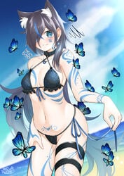 1girls 2020 beach belly_button bikini blue_eyes blush body_tattoo bra breasts butterfly cat_ears collar earrings eyebrows_visible_through_hair hair_ornament hair_over_one_eye hi_res highres insect kasli_the_bane long_hair looking_at_viewer panties pubic_tattoo revealing_swimsuit side-tie_panties solo solo_female swimsuit tattoo the_battle_cats video_games water ya.yu.