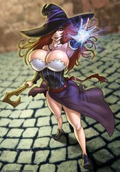 big_breasts dragon's_crown legs long_legs magic red_hair smirk sorceress_(dragon's_crown) tight_clothing wilko