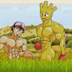 abs ash_ketchum bara big big_penis blush boxing boxing_gloves gay grabbing grass hat hitmonchan huge_cock larger_male male male_only manly muscle muscular_male pecs pokemon pokemon_(species) pokephilia satoshi_(pokemon) shirtless size_difference surprised taller_male touching touching_penis tygnon yaoi